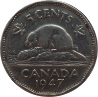 reverse of 5 Cents - George VI (1946 - 1947) coin with KM# 39a from Canada. Inscription: 5 CENTS K·G CANADA 1947