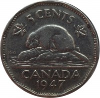 Canada coin 5 Cents - George VI (1946 - 1947) reverse reverse of 5 Cents - George VI (1946 - 1947) coin with KM# 39a from Canada. Inscription: 5 CENTS K·G CANADA 1947