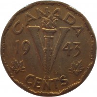 reverse of 5 Cents - George VI - Victory (1943 - 1944) coin with KM# 40 from Canada. Inscription: CANADA 19 V 43 T.S. CENTS