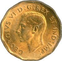 Canada coin 5 Cents - George VI - Dodecagonal (1942) obverse obverse of 5 Cents - George VI - Dodecagonal (1942) coin with KM# 39 from Canada. Inscription: GEORGIVS VI D:G:REX ET IND:IMP: