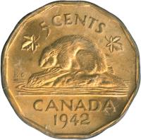 reverse of 5 Cents - George VI - Dodecagonal (1942) coin with KM# 39 from Canada. Inscription: 5 CENTS CANADA 1942 K.G.