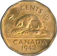 Canada coin 5 Cents - George VI - Dodecagonal (1942) reverse reverse of 5 Cents - George VI - Dodecagonal (1942) coin with KM# 39 from Canada. Inscription: 5 CENTS CANADA 1942 K.G.