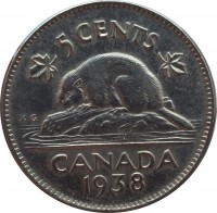 Canada coin 5 Cents - George VI - Round (1937 - 1942) reverse reverse of 5 Cents - George VI - Round (1937 - 1942) coin with KM# 33 from Canada. Inscription: 5 CENTS K.G CANADA 1939