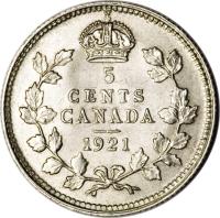 Canada coin 5 Cents - George V (1920 - 1921) reverse reverse of 5 Cents - George V (1920 - 1921) coin with KM# 22a from Canada. Inscription: 5 CENTS CANADA 1921