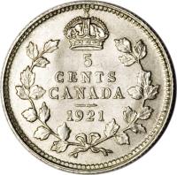 reverse of 5 Cents - George V (1920 - 1921) coin with KM# 22a from Canada. Inscription: 5 CENTS CANADA 1921