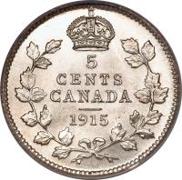 Canada coin 5 Cents - George V (1912 - 1919) reverse reverse of 5 Cents - George V (1912 - 1919) coin with KM# 22 from Canada. Inscription: 5 CENTS CANADA 1915