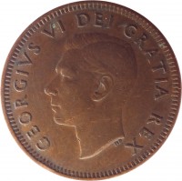Canada coin 1 Cent - George VI - Without IND IMP (1948 - 1952) obverse obverse of 1 Cent - George VI - Without IND IMP (1948 - 1952) coin with KM# 41 from Canada. Inscription: GEORGIVS VI DEI GRATIA REX