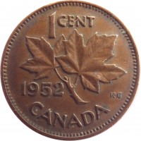 reverse of 1 Cent - George VI - Without IND IMP (1948 - 1952) coin with KM# 41 from Canada. Inscription: 1CENT 1949 CANADA