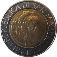 obverse of 500 Lire (1994) coin with KM# 314 from San Marino. Inscription: REPUBBLICA DI SAN MARINO · LIBERTAS ·