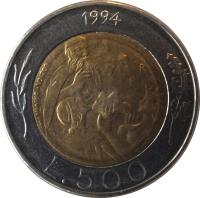 San Marino coin 500 Lire (1994) reverse reverse of 500 Lire (1994) coin with KM# 314 from San Marino. Inscription: 1994 L.500 LOZICA · DRIULLI INC.