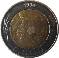 reverse of 500 Lire (1994) coin with KM# 314 from San Marino. Inscription: 1994 L.500 LOZICA · DRIULLI INC.