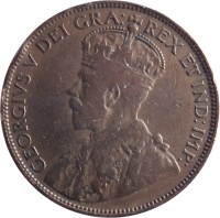 obverse of 1 Cent - George V - With DEI GRA (1912 - 1920) coin with KM# 21 from Canada. Inscription: GEORGIVS V DEI GRA: REX ET IND:IMP: