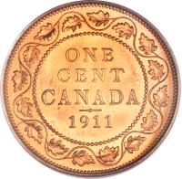 reverse of 1 Cent - George V - Without DEI GRA (1911) coin with KM# 15 from Canada. Inscription: ONE CENT CANADA 1911