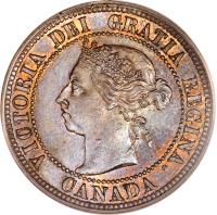 obverse of 1 Cent - Victoria (1876 - 1901) coin with KM# 7 from Canada. Inscription: VICTORIA DEI GRATIA REGINA. CANADA