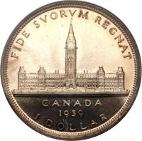 Canada coin 1 Dollar - George VI - Royal Visit (1939) reverse reverse of 1 Dollar - George VI - Royal Visit (1939) coin with KM# 38 from Canada. Inscription: FIDE SVORVM REGNAT CANADA 1939 1 DOLLAR