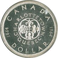 Canada coin 1 Dollar - Elizabeth II - Confederation Conferences (1964) reverse reverse of 1 Dollar - Elizabeth II - Confederation Conferences (1964) coin with KM# 58 from Canada. Inscription: 1864 C A N A D A 1964 CHARLOTTETOWN · QU · BEC · D O L L A R