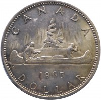 Canada coin 1 Dollar - Elizabeth II - 2'nd Portrait (1965 - 1966) reverse reverse of 1 Dollar - Elizabeth II - 2'nd Portrait (1965 - 1966) coin with KM# 64 from Canada. Inscription: CANADA 1965 DOLLAR
