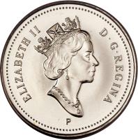 Canada coin 10 Cents - Elizabeth II - 3'rd Portrait (1999 - 2003) obverse obverse of 10 Cents - Elizabeth II - 3'rd Portrait (1999 - 2003) coin with KM# 183b from Canada. Inscription: ELIZABETH II D · G · REGINA P