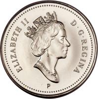 obverse of 10 Cents - Elizabeth II - 3'rd Portrait (1999 - 2003) coin with KM# 183b from Canada. Inscription: ELIZABETH II D · G · REGINA P