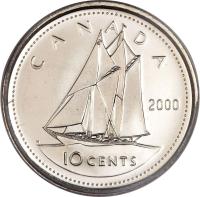 reverse of 10 Cents - Elizabeth II - 3'rd Portrait (1999 - 2003) coin with KM# 183b from Canada. Inscription: CANADA 2000 10 CENTS H