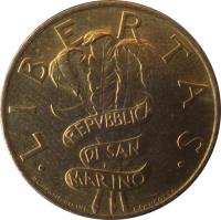 obverse of 200 Lire - Civil Commitments for the Third Millennium (1995) coin with KM# 329 from San Marino. Inscription: · LIBERTAS · REPUBBLICA DI SAN MARINO E.L. FRAPICCINI INC. L.PANCOTTO