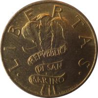 San Marino coin 200 Lire - Civil Commitments for the Third Millennium (1995) obverse obverse of 200 Lire - Civil Commitments for the Third Millennium (1995) coin with KM# 329 from San Marino. Inscription: · LIBERTAS · REPUBBLICA DI SAN MARINO E.L. FRAPICCINI INC. L.PANCOTTO