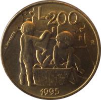San Marino coin 200 Lire - Civil Commitments for the Third Millennium (1995) reverse reverse of 200 Lire - Civil Commitments for the Third Millennium (1995) coin with KM# 329 from San Marino. Inscription: L.200 R 1995 L.PANCOTTO
