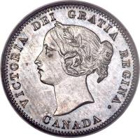 obverse of 5 Cents - Victoria (1858 - 1901) coin with KM# 2 from Canada. Inscription: VICTORIA DEI GRATIA REGINA. CANADA