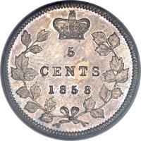 reverse of 5 Cents - Victoria (1858 - 1901) coin with KM# 2 from Canada. Inscription: 5 CENTS 1858