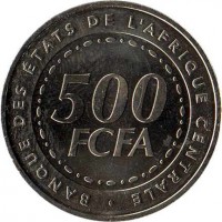 Central Africa (BEAC) coin 500 Francs (2006) reverse reverse of 500 Francs (2006) coin with KM# 22 from Central Africa (BEAC). Inscription: BANQUE DES ETATS DE L'AFRIQUE CENTRALE 500 FCFA
