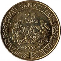 obverse of 25 Francs (2006) coin with KM# 20 from Central Africa (BEAC). Inscription: CEMAC 25 FRANCS 2006