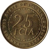 Central Africa (BEAC) coin 25 Francs (2006) reverse reverse of 25 Francs (2006) coin with KM# 20 from Central Africa (BEAC). Inscription: BANQUE DES ETATS DE L'AFRIQUE CENTRALE 25 FCFA