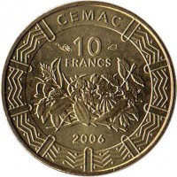 obverse of 10 Francs (2006) coin with KM# 19 from Central Africa (BEAC). Inscription: CEMAC 10 FRANCS 2006