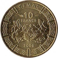 Central Africa (BEAC) coin 10 Francs (2006) obverse obverse of 10 Francs (2006) coin with KM# 19 from Central Africa (BEAC). Inscription: CEMAC 10 FRANCS 2006