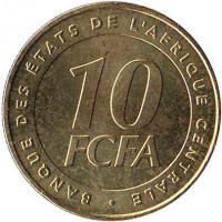Central Africa (BEAC) coin 10 Francs (2006) reverse reverse of 10 Francs (2006) coin with KM# 19 from Central Africa (BEAC). Inscription: BANQUE DES ETATS DE L'AFRIQUE CENTRALE 10 FCFA
