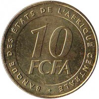 reverse of 10 Francs (2006) coin with KM# 19 from Central Africa (BEAC). Inscription: BANQUE DES ETATS DE L'AFRIQUE CENTRALE 10 FCFA