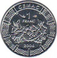 obverse of 1 Franc (2006) coin with KM# 16 from Central Africa (BEAC). Inscription: CEMAC 1 FRANC 2006