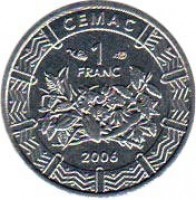 Central Africa (BEAC) coin 1 Franc (2006) obverse obverse of 1 Franc (2006) coin with KM# 16 from Central Africa (BEAC). Inscription: CEMAC 1 FRANC 2006