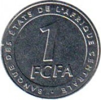Central Africa (BEAC) coin 1 Franc (2006) reverse reverse of 1 Franc (2006) coin with KM# 16 from Central Africa (BEAC). Inscription: BANQUE DES ÉTATS DE L'AFRIQUE CENTRALE 1 FCFA