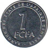 reverse of 1 Franc (2006) coin with KM# 16 from Central Africa (BEAC). Inscription: BANQUE DES ÉTATS DE L'AFRIQUE CENTRALE 1 FCFA