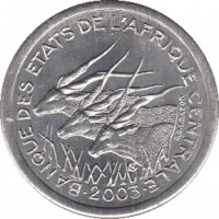 Central Africa (BEAC) coin 1 Franc (1974 - 2003) obverse obverse of 1 Franc (1974 - 2003) coin with KM# 8 from Central Africa (BEAC). Inscription: BANQUE DES ETATS DE L'AFRIQUE CENTRALE 2003