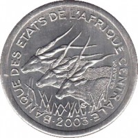 obverse of 1 Franc (1974 - 2003) coin with KM# 8 from Central Africa (BEAC). Inscription: BANQUE DES ETATS DE L'AFRIQUE CENTRALE 2003