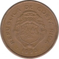 Costa Rica coin 5 Colones (1995) obverse obverse of 5 Colones (1995) coin with KM# 227 from Costa Rica. Inscription: REPUBLICA DE COSTA RICA · 1995 ·