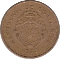 obverse of 5 Colones (1995) coin with KM# 227 from Costa Rica. Inscription: REPUBLICA DE COSTA RICA · 1995 ·