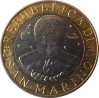 obverse of 1000 Lire (1999) coin with KM# 395 from San Marino. Inscription: REPUBBLICA DI SAN MARINO
