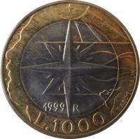 reverse of 1000 Lire (1999) coin with KM# 395 from San Marino. Inscription: 1999 R L 1000