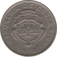 obverse of 2 Colones (1968 - 1978) coin with KM# 187.2 from Costa Rica. Inscription: REPUBLICA DE COSTA RICA . 1978 .