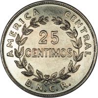 reverse of 25 Céntimos (1937 - 1948) coin with KM# 175 from Costa Rica. Inscription: AMERICA CENTRAL 25 CENTIMOS B.N.C.R.