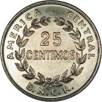 Costa Rica coin 25 Céntimos (1937 - 1948) reverse reverse of 25 Céntimos (1937 - 1948) coin with KM# 175 from Costa Rica. Inscription: AMERICA CENTRAL 25 CENTIMOS B.N.C.R.
