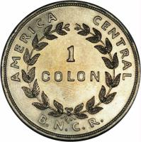 Costa Rica coin 1 Colón (1937 - 1948) reverse reverse of 1 Colón (1937 - 1948) coin with KM# 177 from Costa Rica. Inscription: AMERICA CENTRAL 1 COLON B.N.C.R